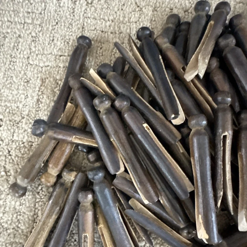 Vintage Wooden Clothes Pegs Pins Round Head Dark Laundry Crafts Decor Large Lot